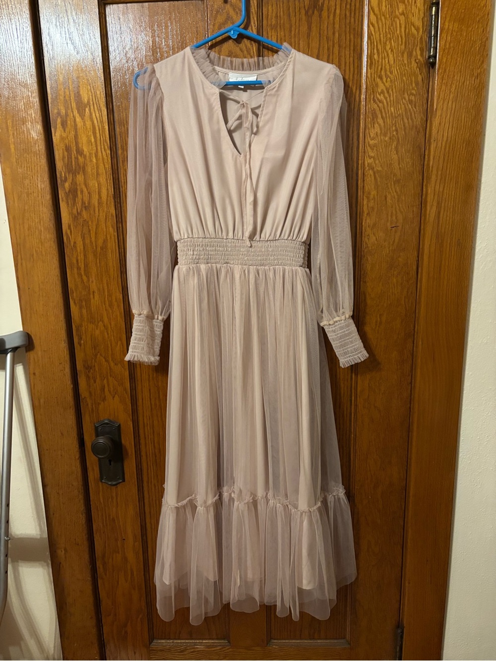 Sheer Long-Sleeve Tiered Midi Dress in Blush